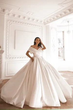 elegant off the shoulder ivory satin bridal ball dress