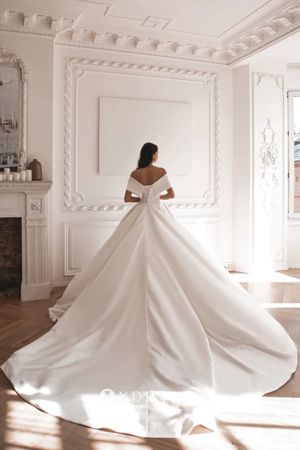 Elegant OfftheShoulder Ivory Satin Bridal Ball Dress Xdressy