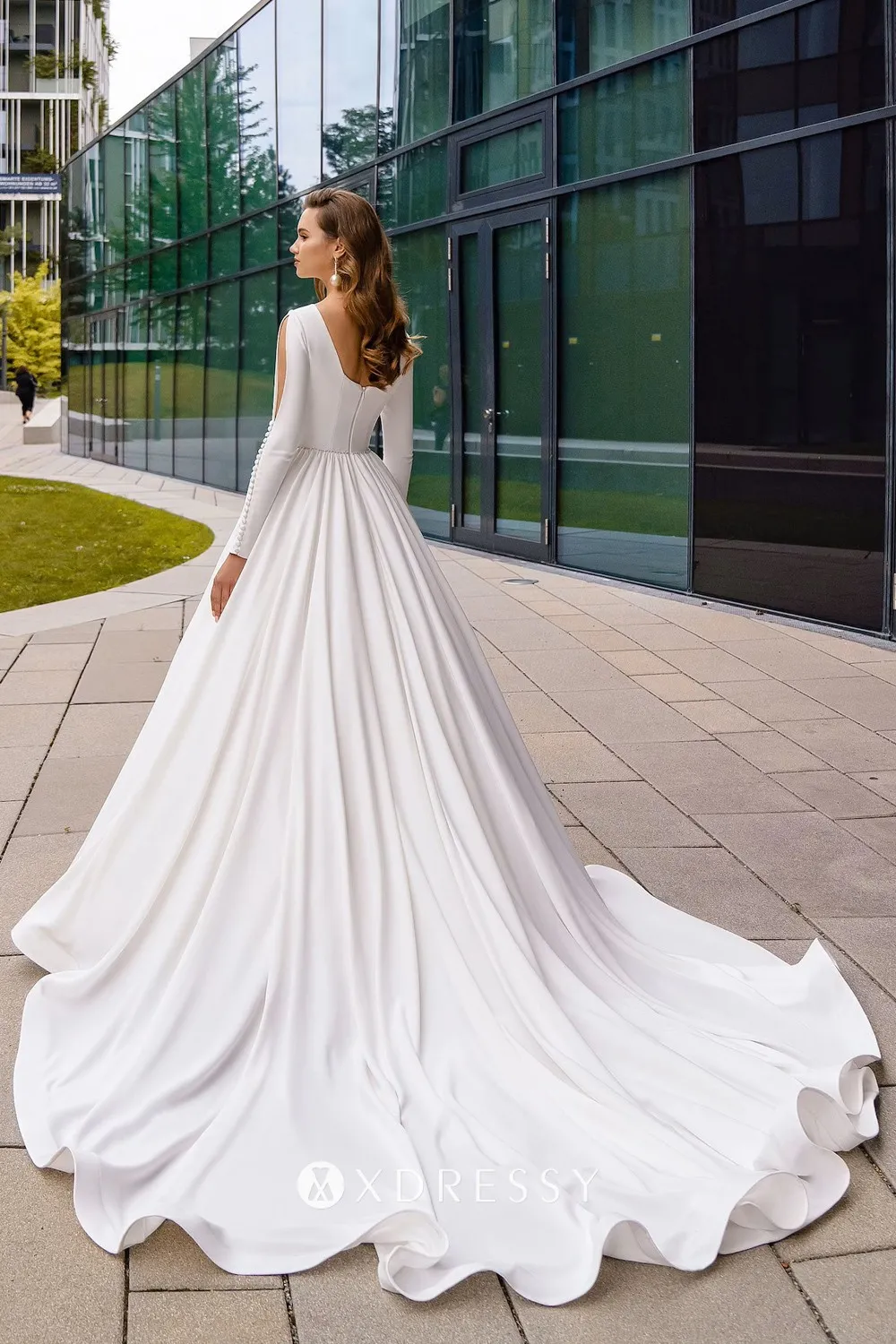 Modest Long Split Sleeve Aline Satin Wedding Dress Xdressy