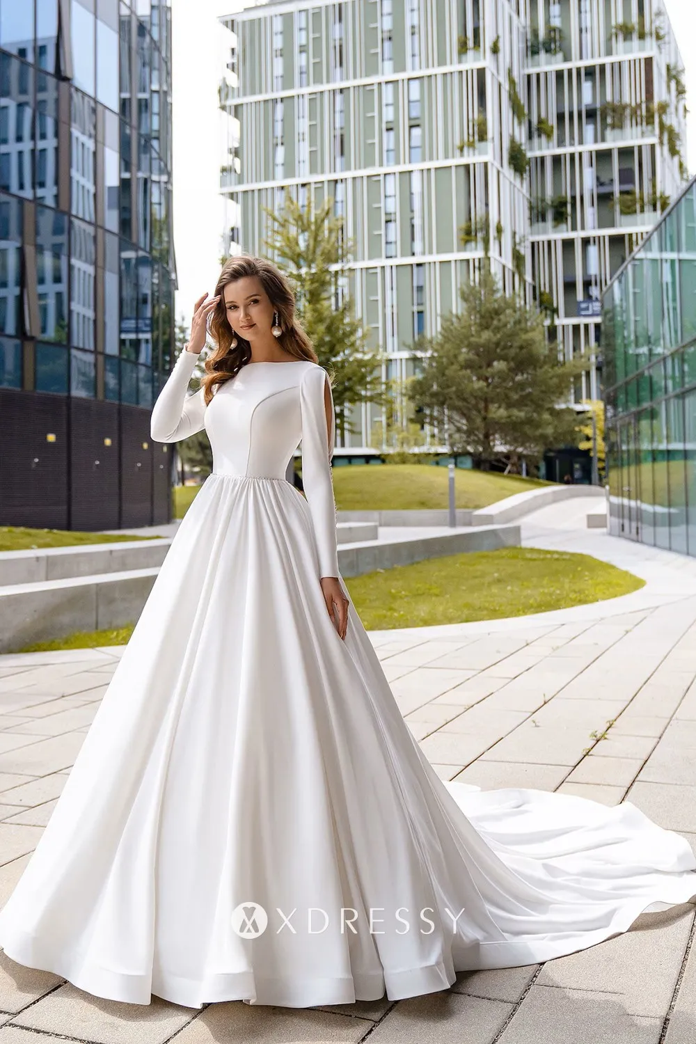 Modest A-line V Neck Long Sleeves Evening Dress With Split Y7178