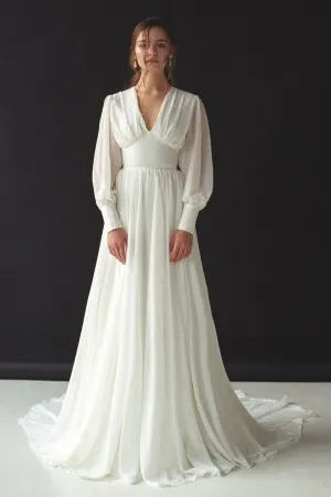 long bishop sleeve v neck chiffon boho wedding dress