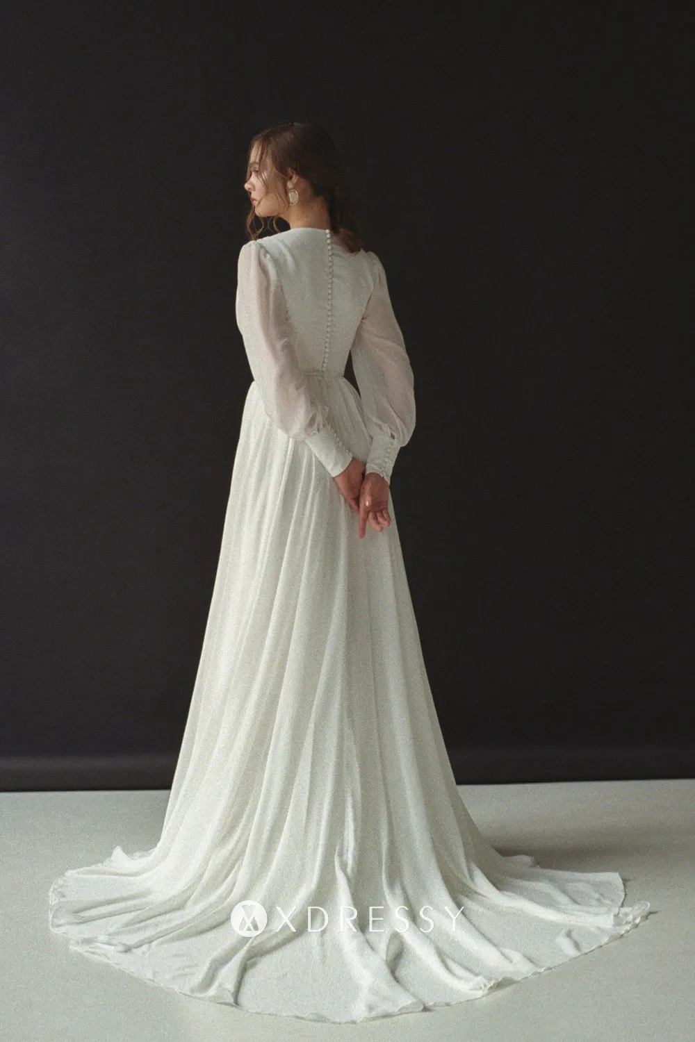 long bishop sleeve v neck chiffon informal wedding dress with court train