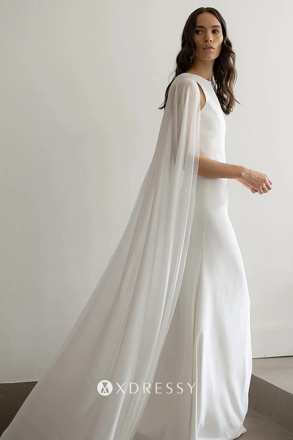 ivory satin chiffon sheath caped bridal dress with sweep train ivory satin chiffon sheath caped bridal dress with sweep train