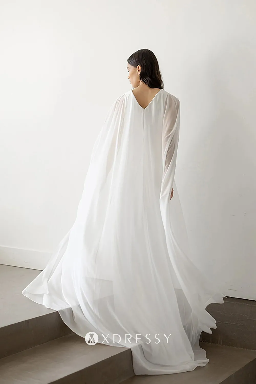 v back ivory chiffon sheath caped wedding dress v back ivory chiffon sheath caped wedding dress