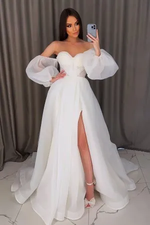 ivory organza sweetheart puff sleeve slit wedding dress
