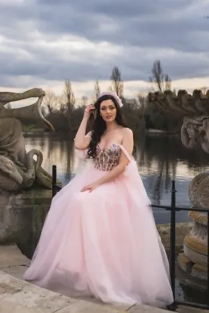 pink tulle colorful lace a line garden wedding dress