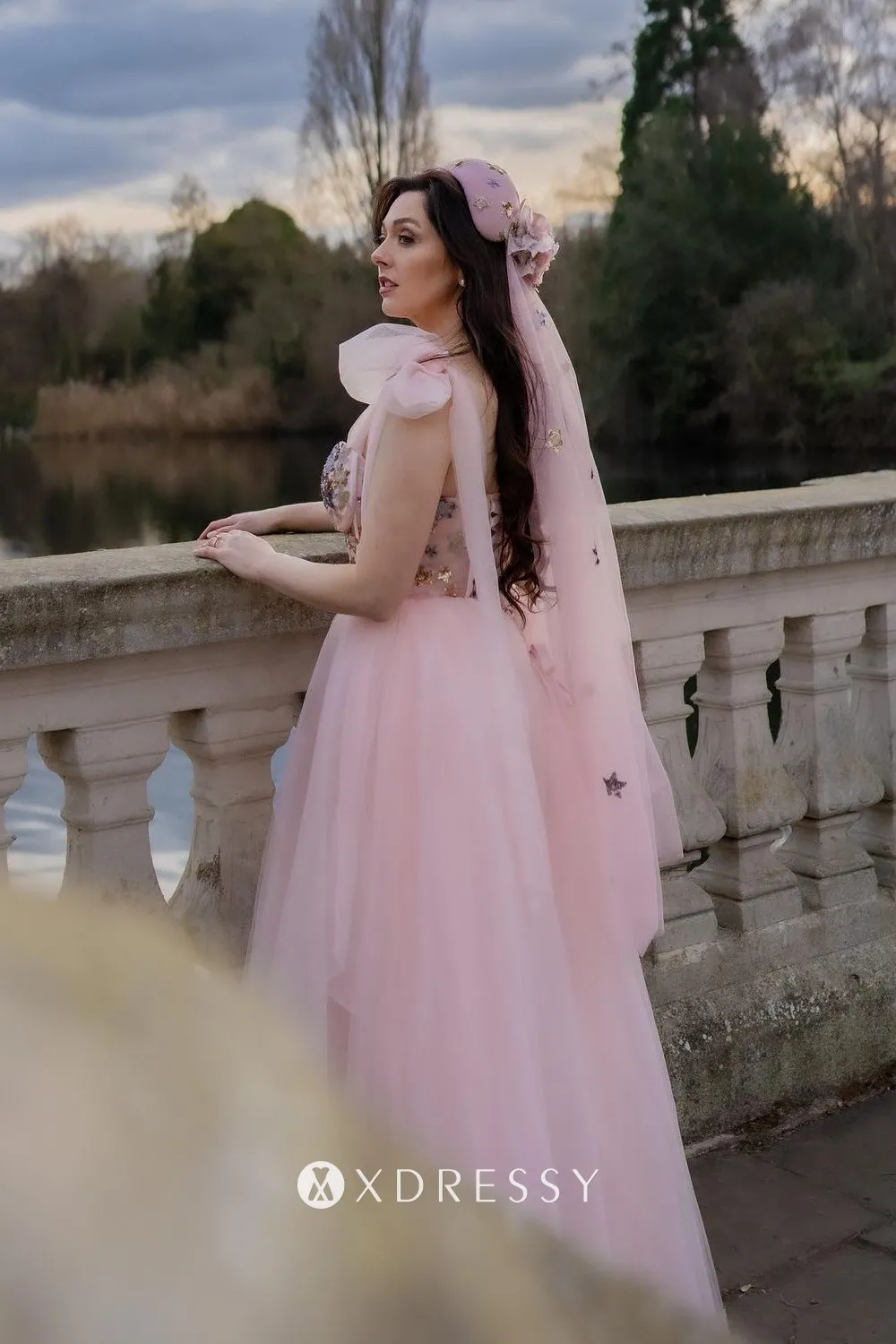 pink tulle colorful lace a line spring wedding dress
