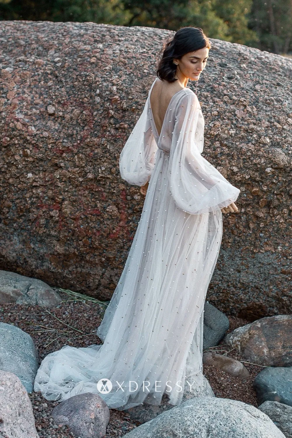 airy pearled tulle long sleeve beach wedding gown
