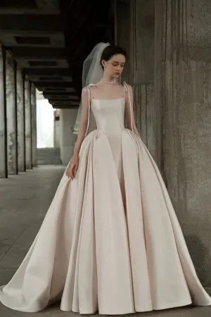 fashion spaghetti straps ruched satin wedding ball gown