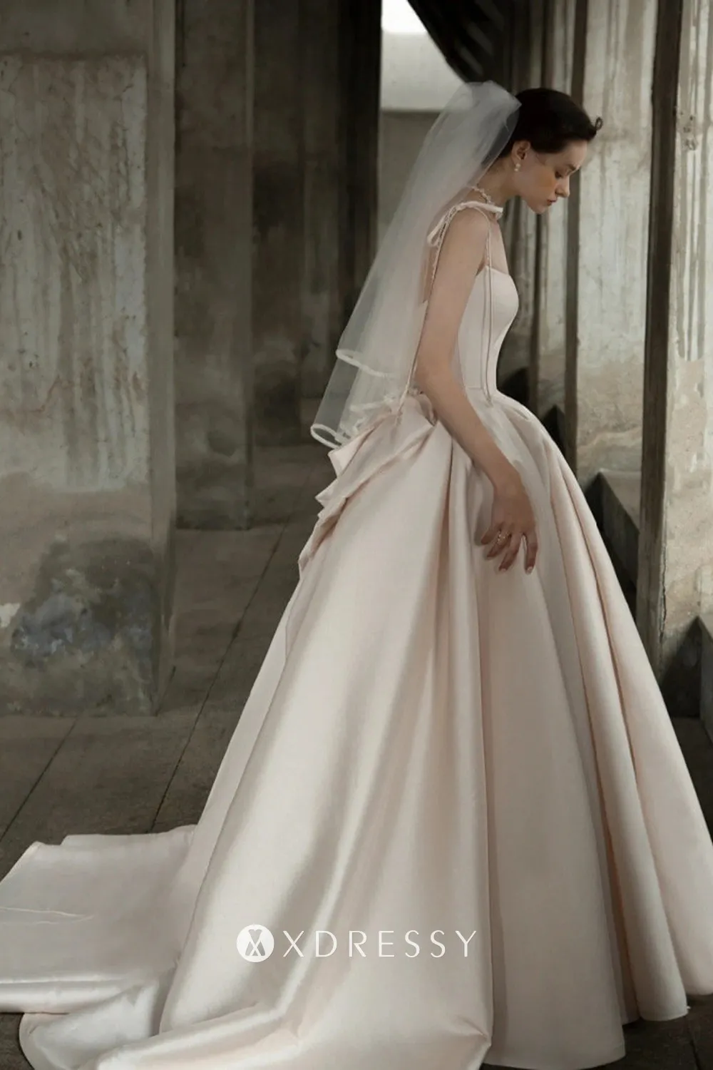 spaghetti straps ruched nude satin modern wedding ball gown