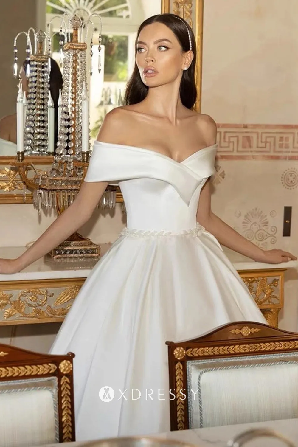 modern off the shoulder beaded belt wedding ball gown
