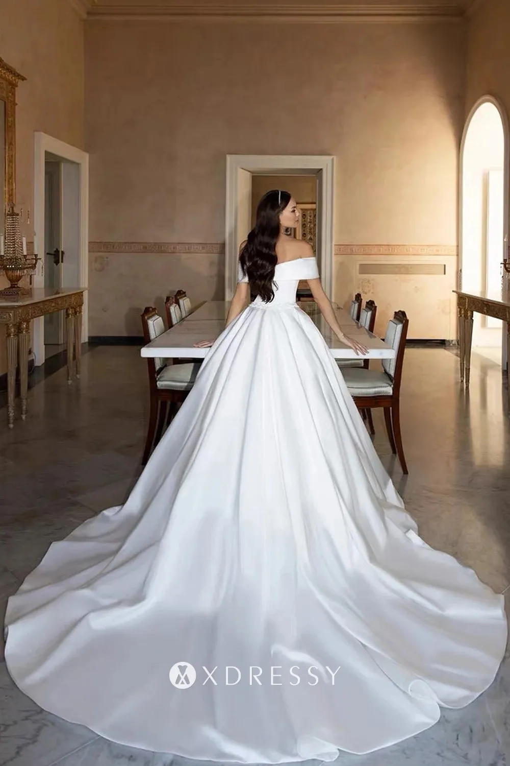 off the shoulder simple satin wedding ball gown with chapel train