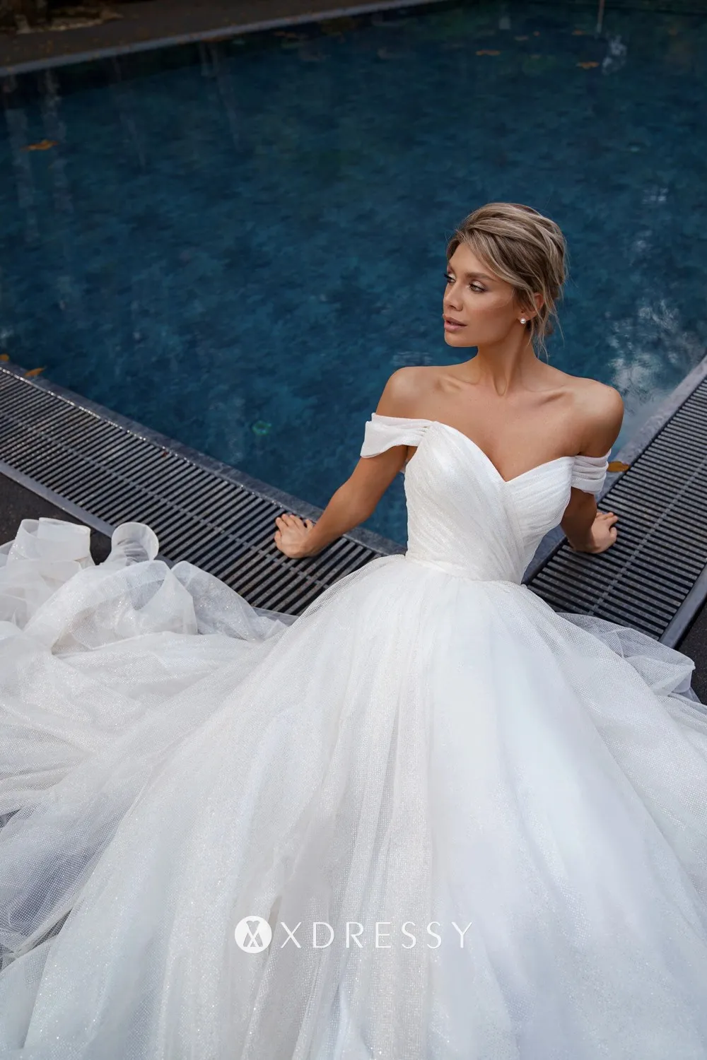 off the shoulder sweetheart neck glitter tulle bridal dress