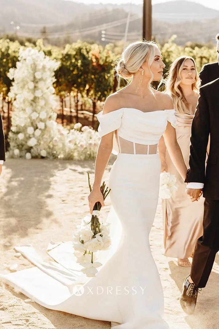 off the shoulder ivory satin mermaid sheer waist destination bridal gown