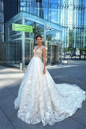 extravagant floral lace illusion neck puffy bridal gown