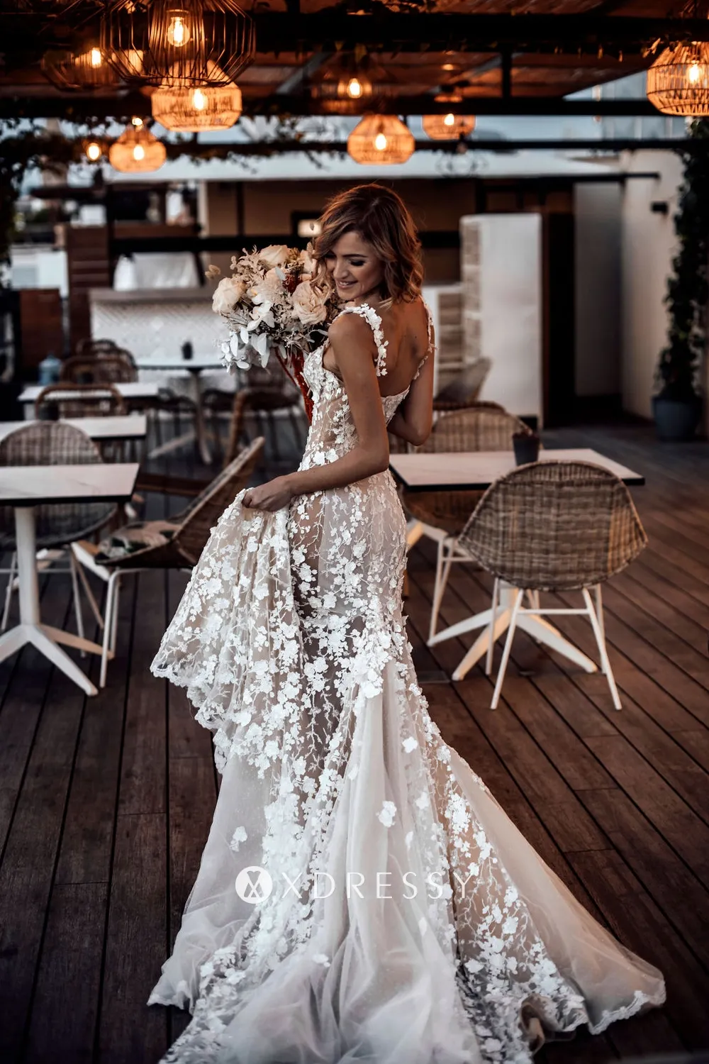 3D floral pattern lace with sheer sexy wedding dress