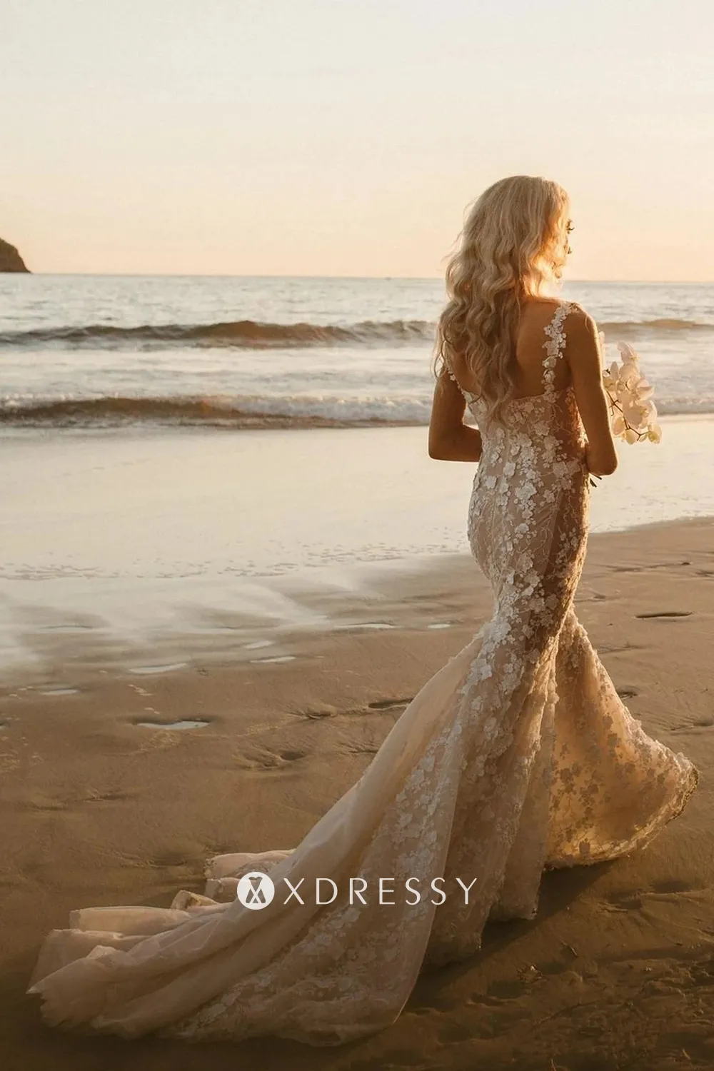 3D lace sheer tulle beach wedding dress with a court train