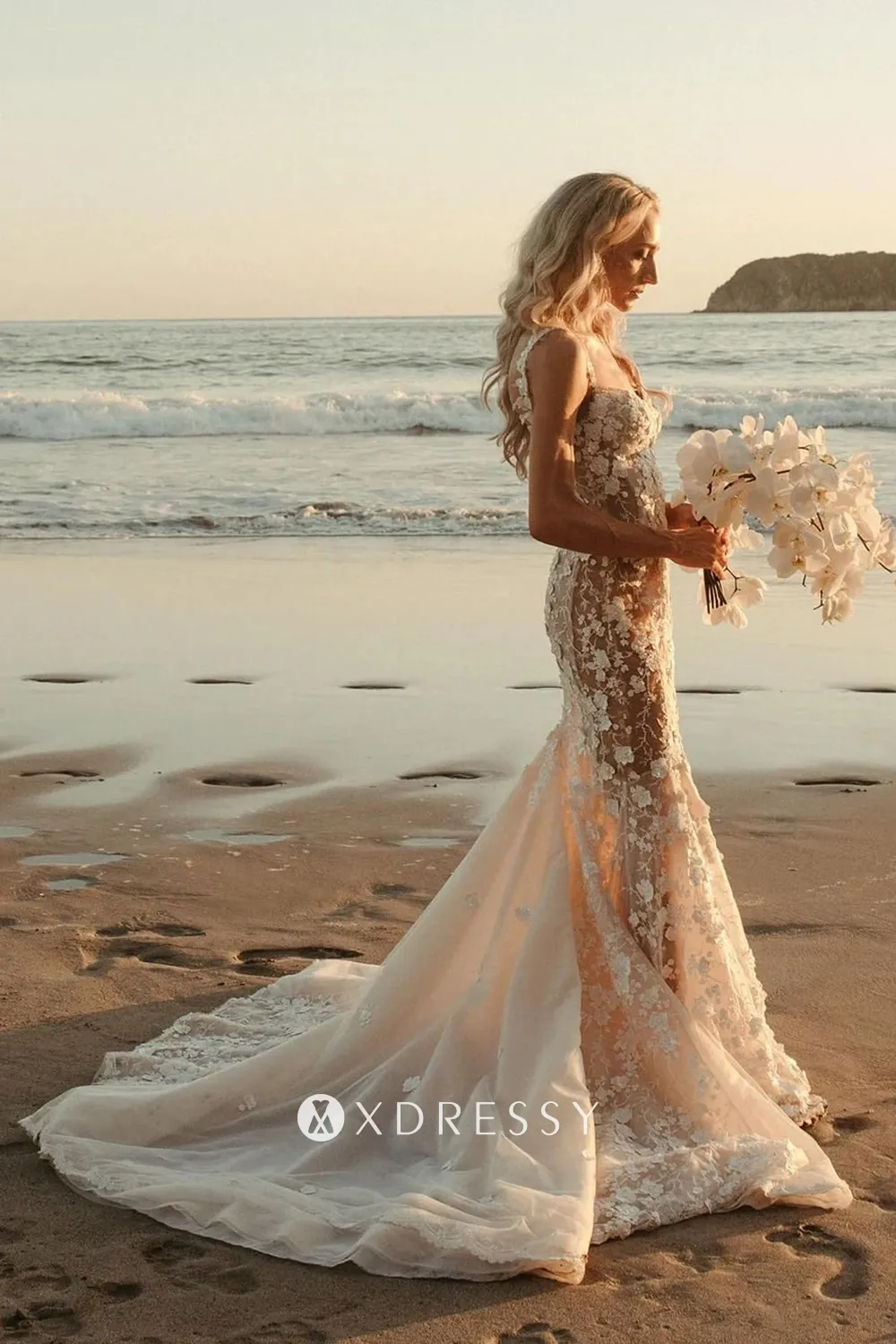 3D lace sheer tulle mermaid beach wedding dress