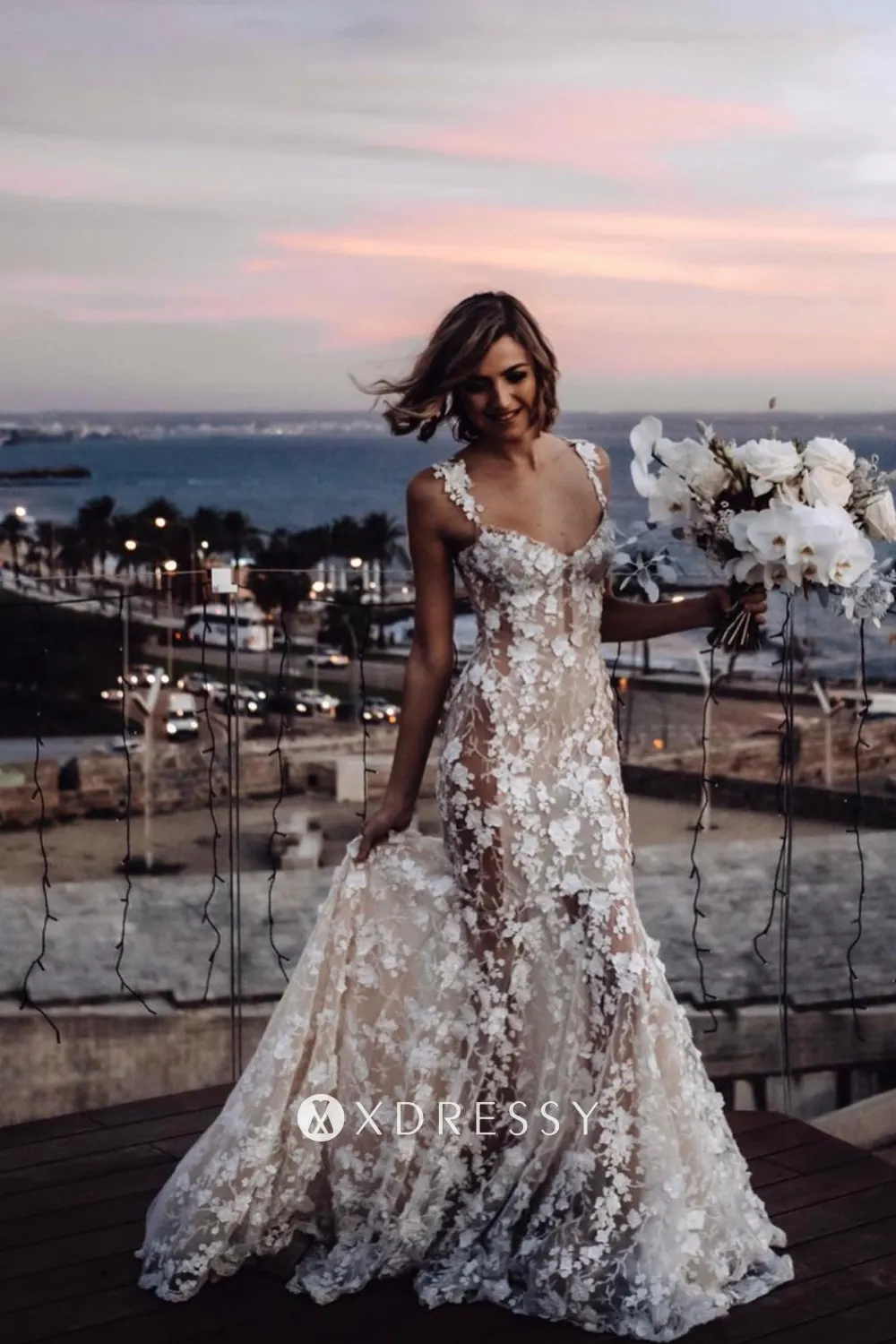 3d floral lace sheer sexy wedding dress