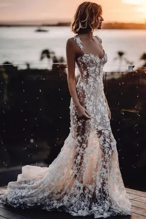 3d floral pattern lace sheer beach sexy wedding dress