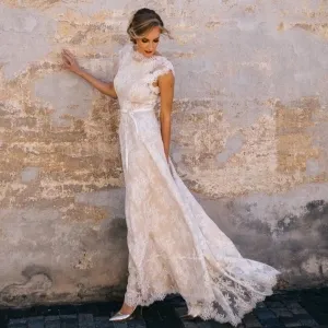 nude lining with off white lace casual bridal dress