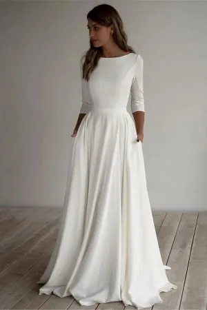 34 sleeve ivory satin a line simple winter bridal gown