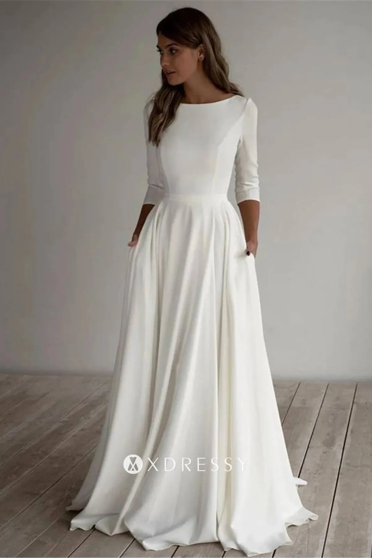 34 sleeve ivory satin a line simple winter bridal gown