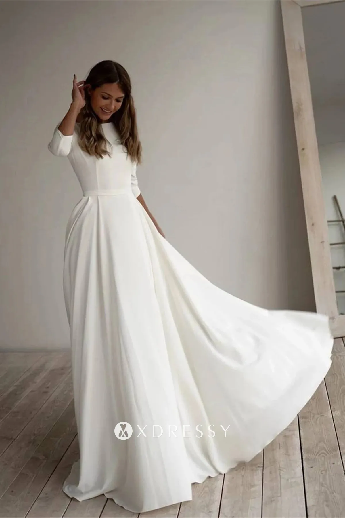ivory satin 34 sleeve fall wedding dress