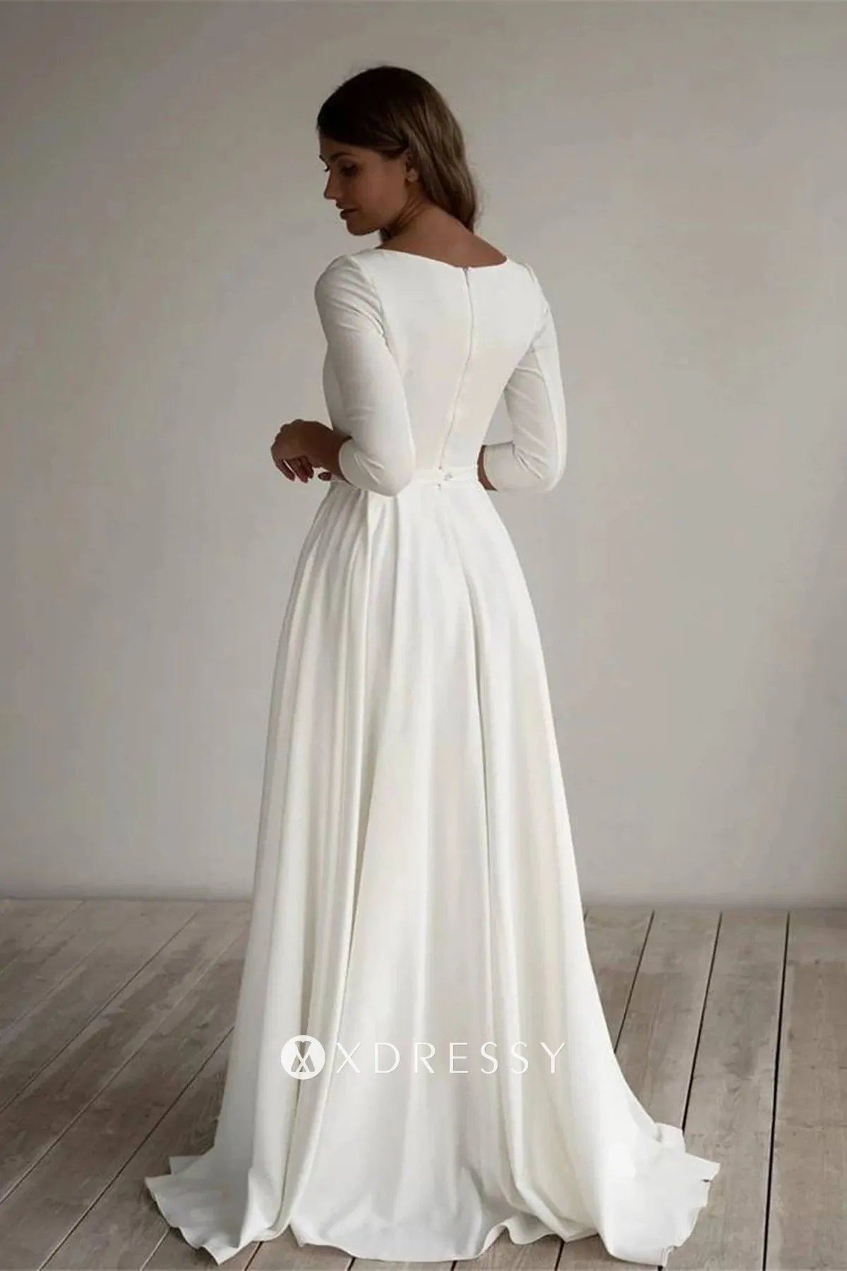 ivory satin closed back modern wedding dress