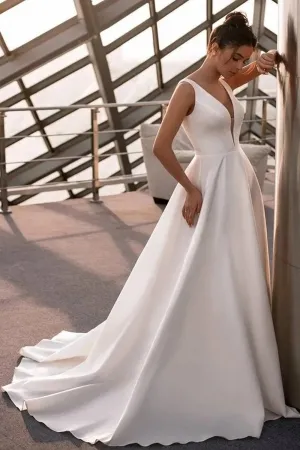 fashion plunging v neck ivory satin a line bridal dress