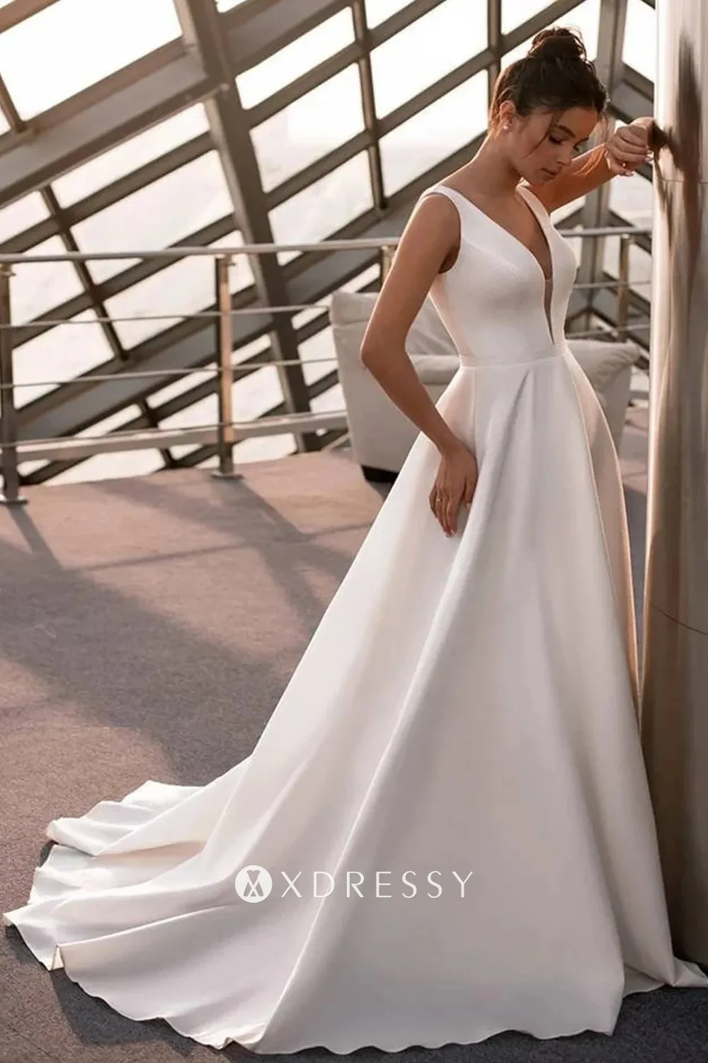 fashion plunging v neck ivory satin a line bridal dress fashion plunging v neck ivory satin a line bridal dress