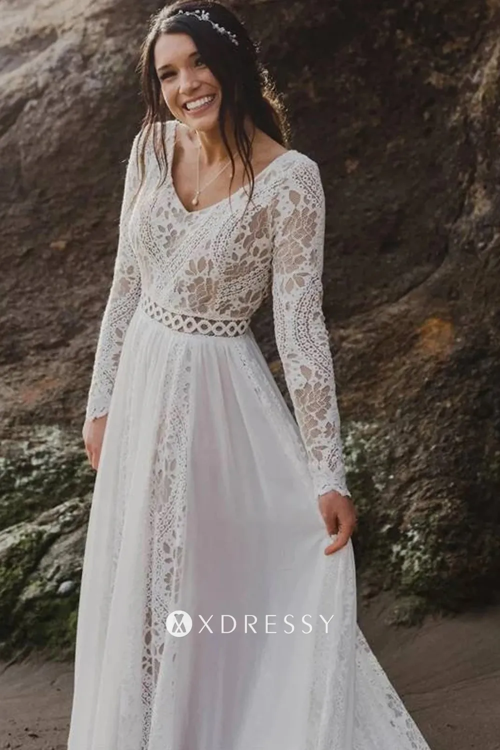 ivory lace chiffon v neck beach outdoor wedding dress ivory lace chiffon v neck beach outdoor wedding dress