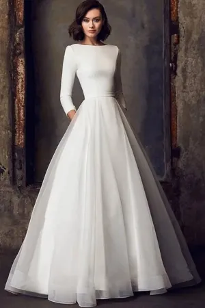 34 sleeve bateau neck ivory satin tulle bridal dress