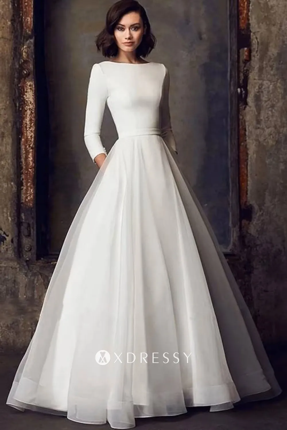 34 sleeve bateau neck ivory satin tulle bridal dress