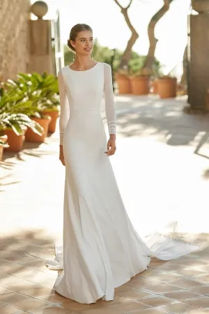 modern ivory chiffon long sleeve sheer back bridal gown