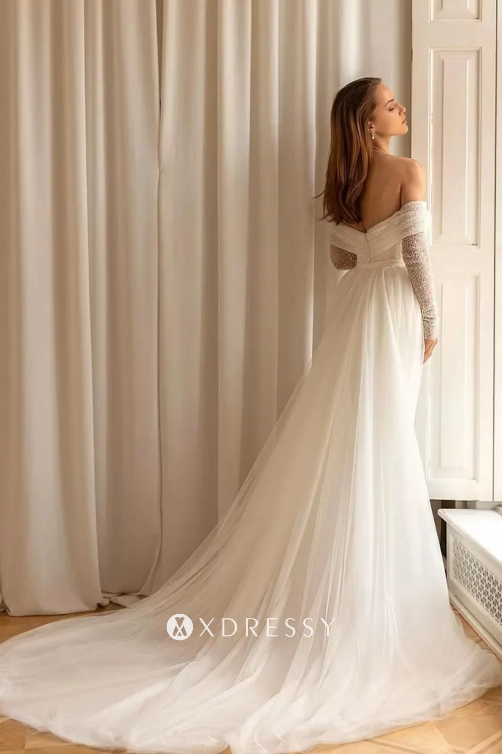 glitter beading sequinned chapel train bridal shower gown