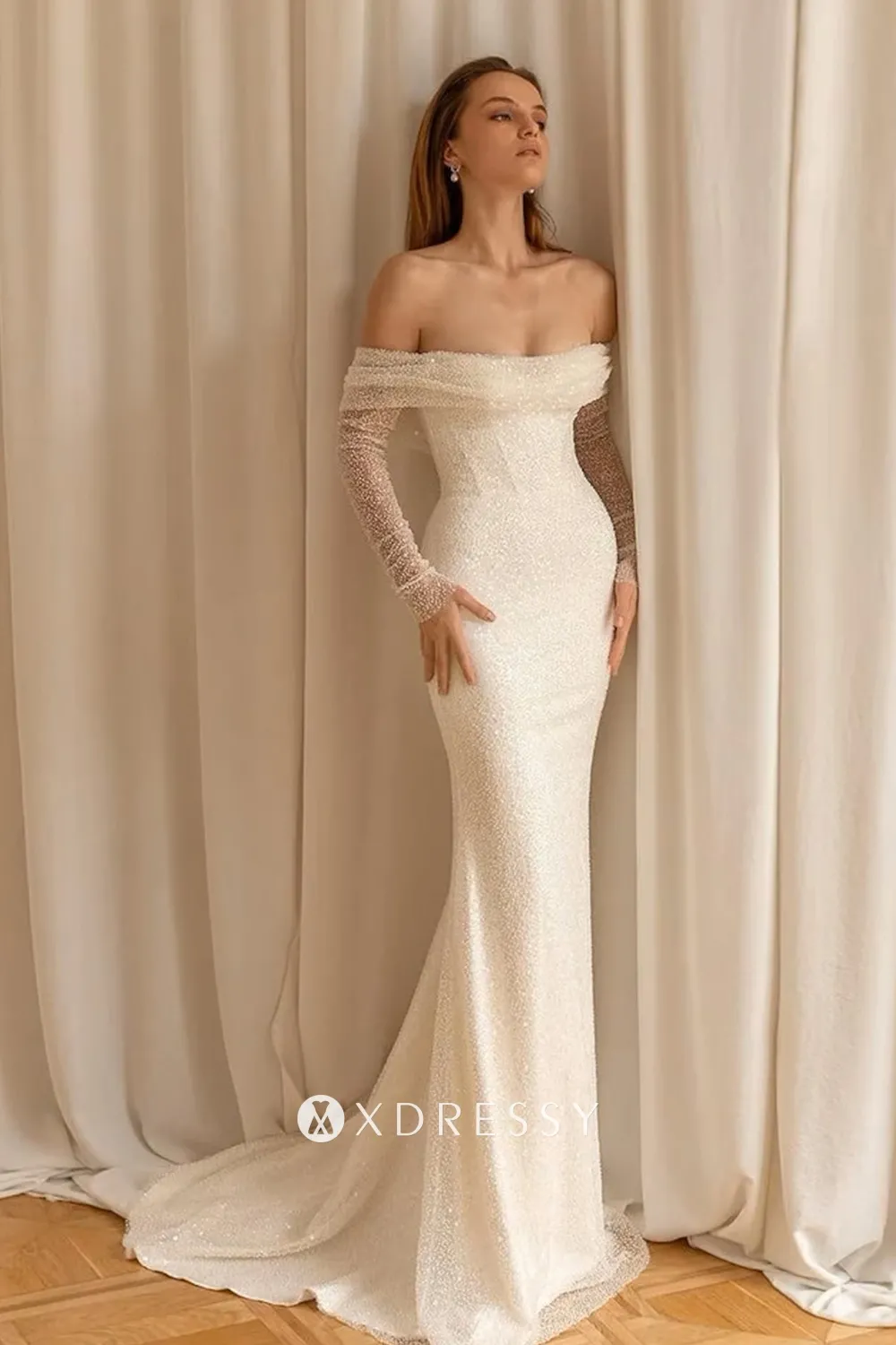 luxury beading off the shoulder mermaid wedding dress