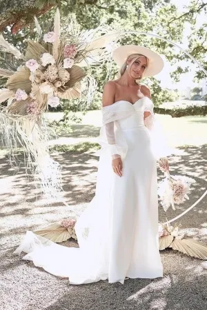 off the shoulder puff long sleeve simple wedding dress