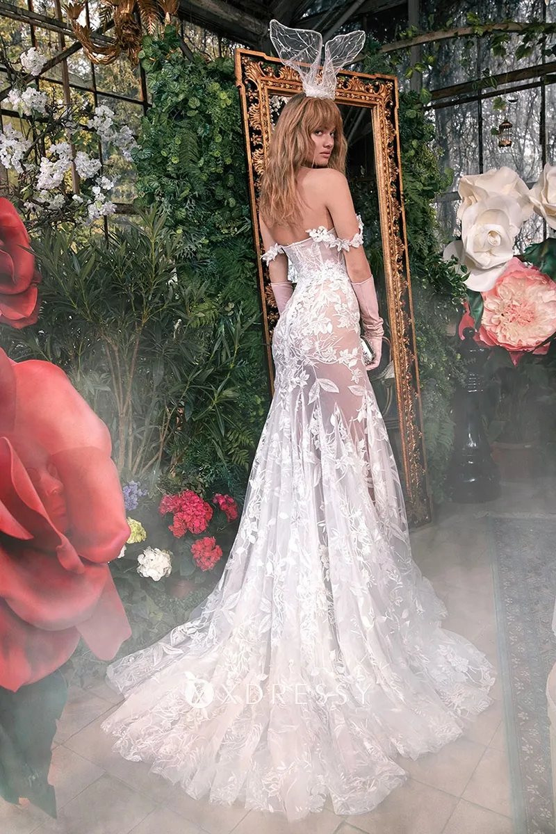 sexy sheer floral lace off shoulder mermaid court train wedding gown