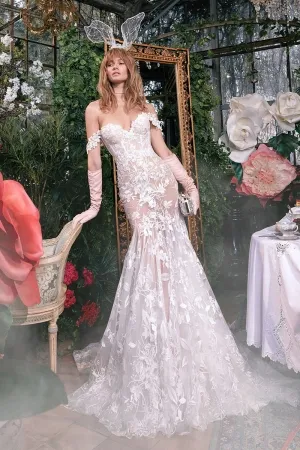 sheer floral lace off the shoulder mermaid bridal dress