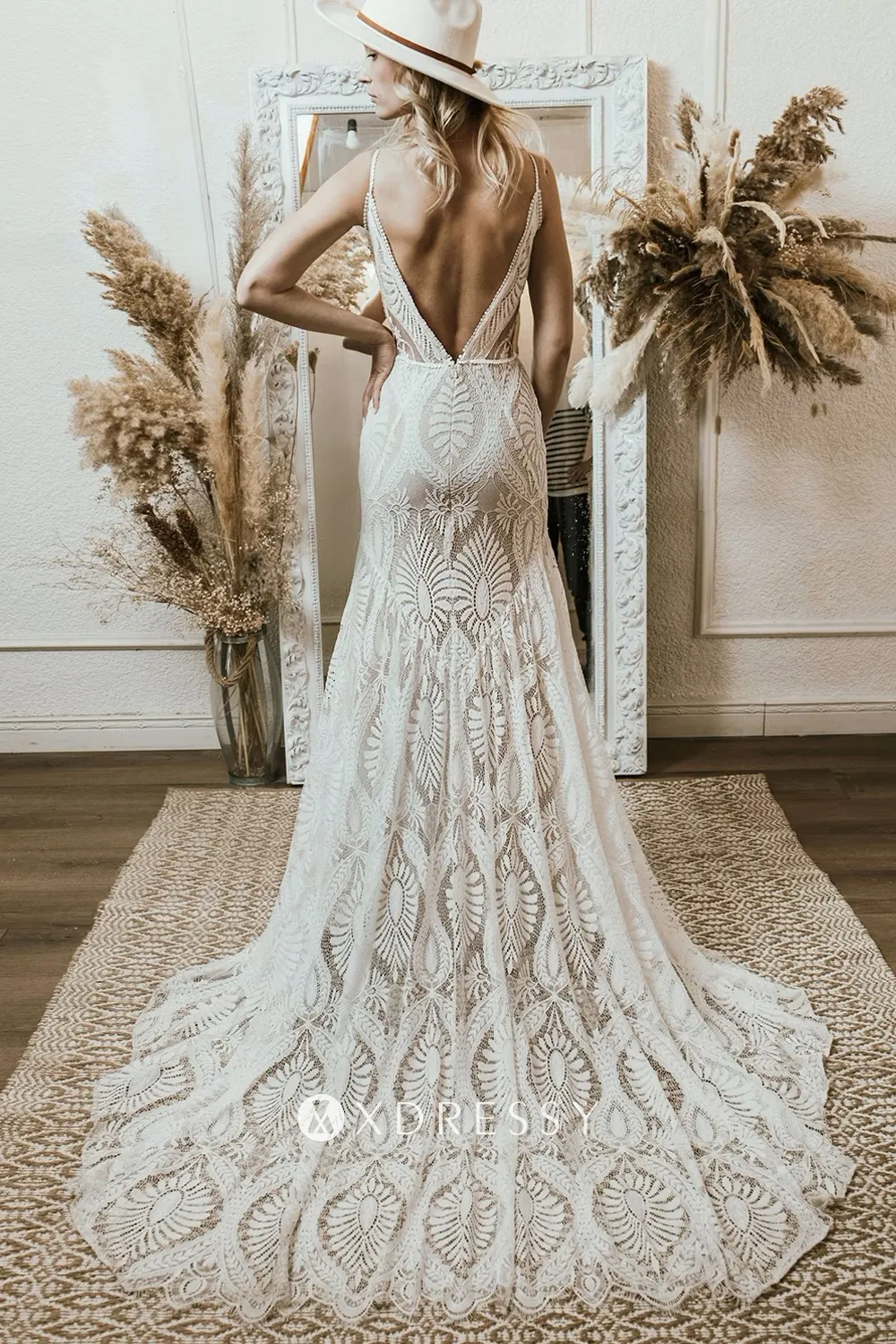 abstract lace low v back mermaid boho bridal dress