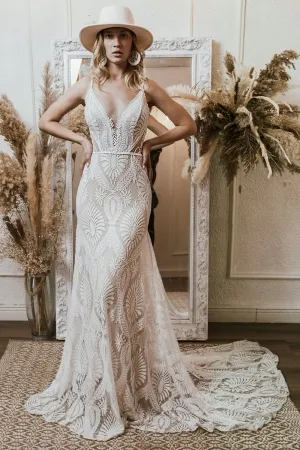 beautiful abstract lace v neck mermaid boho bridal gown