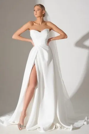 modern strapless ivory satin a line slit wedding dress