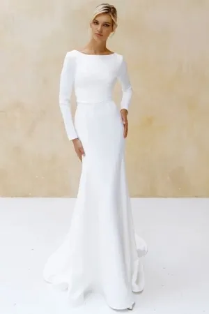 modest boat neck long sleeve mermaid reception dress