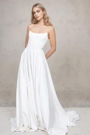 modern spaghetti straps satin a line long wedding dress