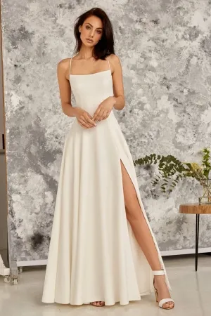 simple satin sexy strap back high slit bridal dress