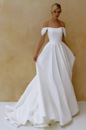 simple satin off the shoulder puffy long wedding dress