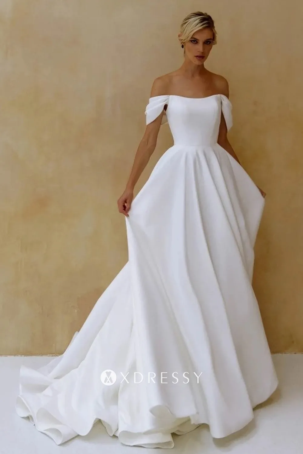 simple satin off the shoulder puffy long wedding dress simple satin off the shoulder puffy long wedding dress