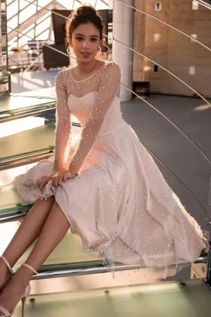 pearl design long sleeves tea length pink wedding dress