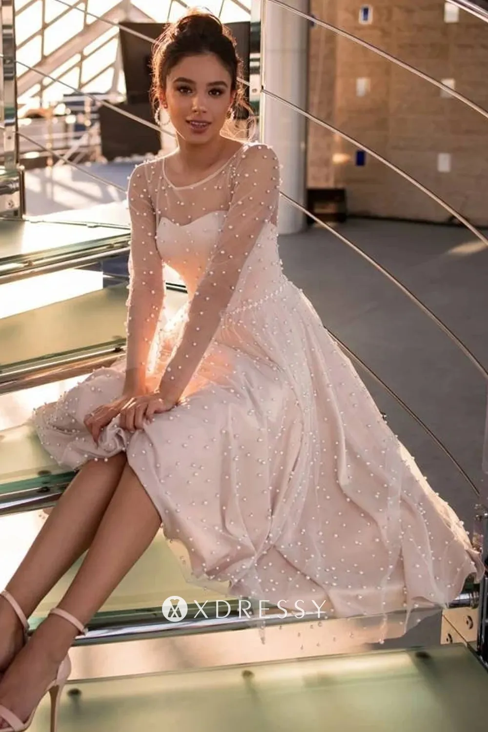 pearl design long sleeves tea length pink wedding dress